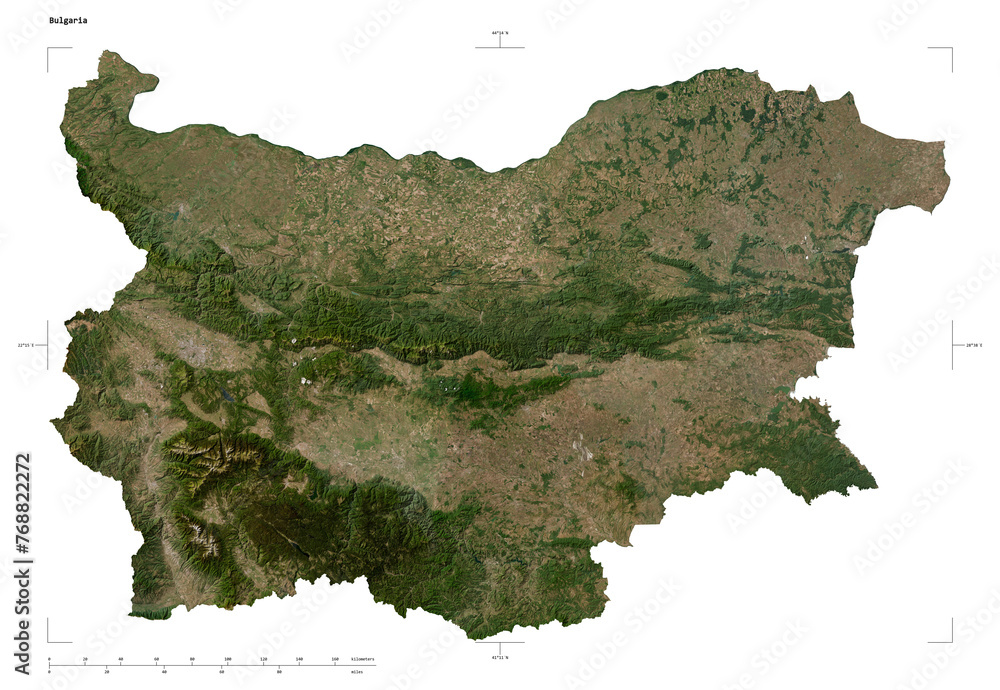 Bulgaria shape isolated on white. Low-res satellite map