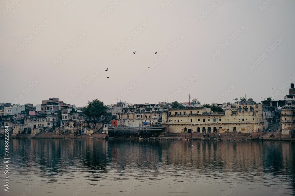 Flock of birds soars gracefully above a tranquil lake in the heart of a bustling cityscape in India