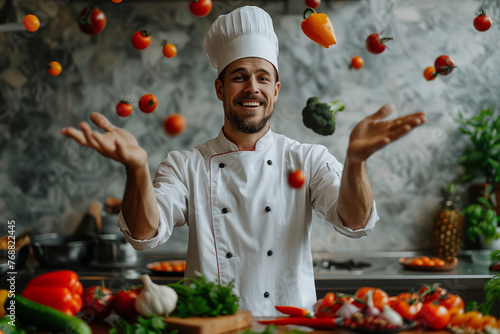 Chef juggling with vegetables and other food in the kitchen