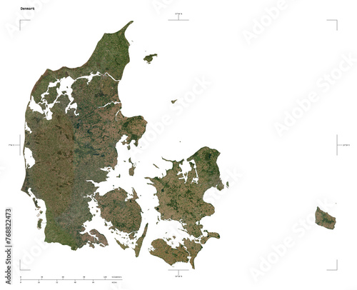 Denmark shape isolated on white. Low-res satellite map
