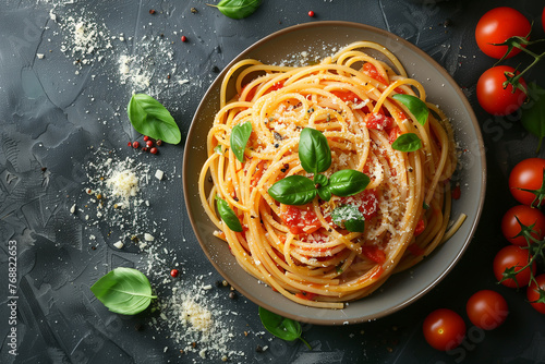 Delicious appetizing classic Italian spaghetti pasta with tomato sauce, parmesan cheese and basil on a plate on a dark table. Top view