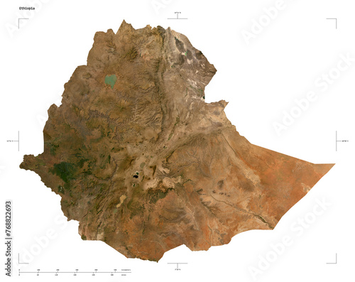 Ethiopia shape isolated on white. Low-res satellite map