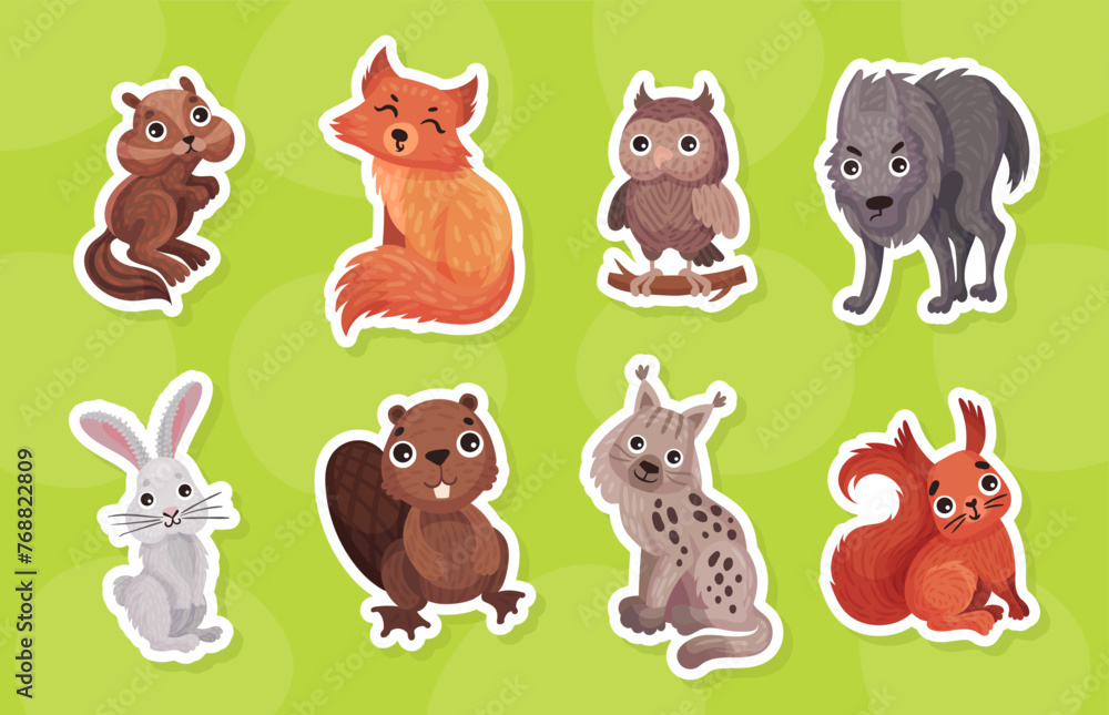 Obraz premium Funny Forest and Woodland Animal Vector Sticker Set