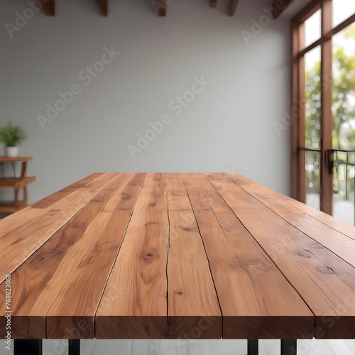 A bare wooden table sits in an empty room with a hardwood floor