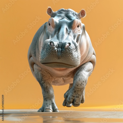 Walking hippopotamus on yellow background  realistic hippopotamus advancing towards the camera on an isolated yellow backdrop