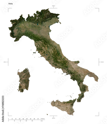 Italy shape isolated on white. Low-res satellite map