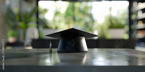 A black graduation cap and a bow on a table,Giant graduation cap and diploma,Diploma and cap signify student's achievement. 