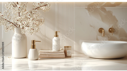 Close-up of white sink standing on a marble vanity unit in a modern bathroom. Liquid soap dispenser  towels  toiletries  blooming branch in a vase. Relaxation and self care concept.