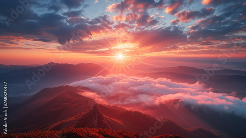 Stunning landscape with views of mountain peaks, wrapped in light cirrus clouds in the rays of the setting sun. Colorful natural palette of nature. Amazing background.