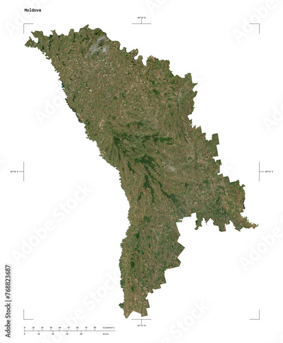 Moldova shape isolated on white. Low-res satellite map