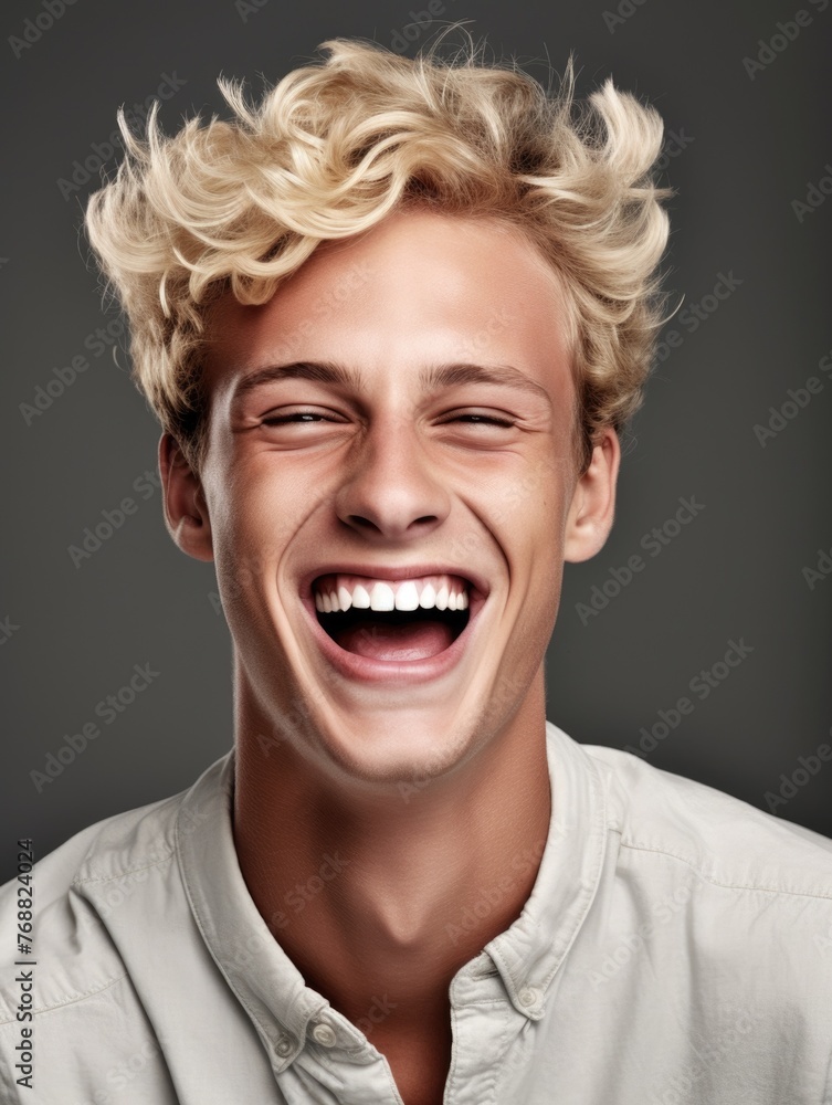 A young man with blond hair is laughing heartily against a grey background