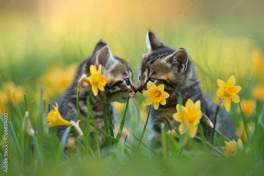 Two cute little kittens playing among the flowers.