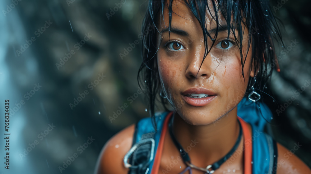 Close-up top view of female rock climber on a rocky mountain slope. Attractive fearless girl with climbing equipment is engaged in extreme sports. Active lifestyle.