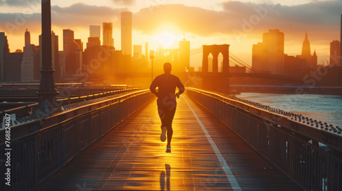 Rear view of a man wearing sport suit running along a city bridge. City skyscrapers under the rays of bright rising sun on the background. Jogging, healthy lifestyle in urban environment.
