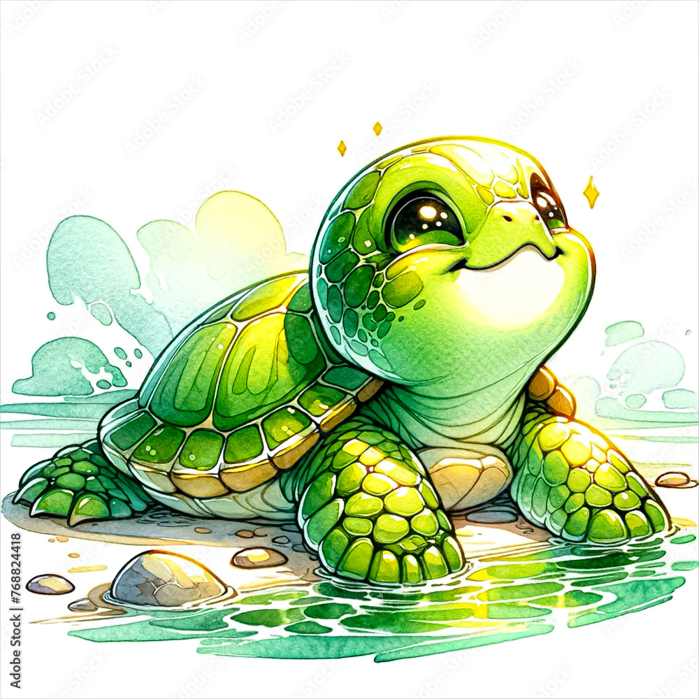 Fototapeta premium An illustration of Diamondback terrapin exploring its habitat, rendered in watercolor style.