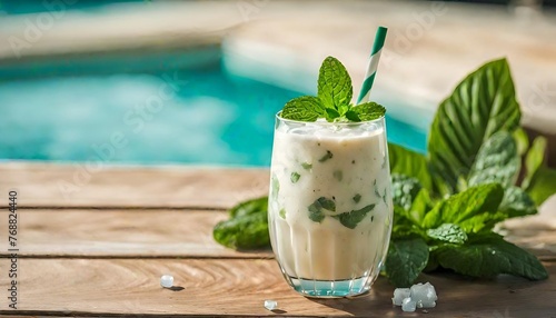 A fresh smoothie with mint leaves at the edge of the blurred pool. Summer, relaxation and wellness concept. photo