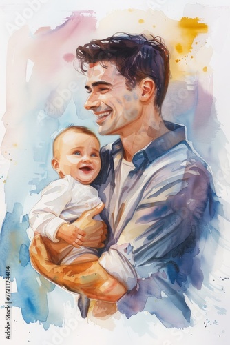 Watercolor illustration of man holding a baby in his arms. The man has a gentle expression, and both figures appear to be connected in a loving gesture. Father's day card 