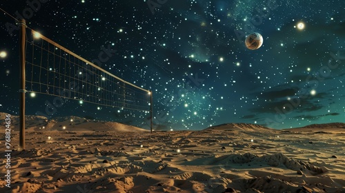 50s style space beach volleyball, sand from Mars, net strung with stars photo
