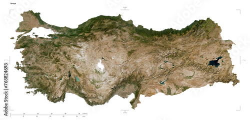 Fotografía Türkiye shape isolated on white. Low-res satellite map