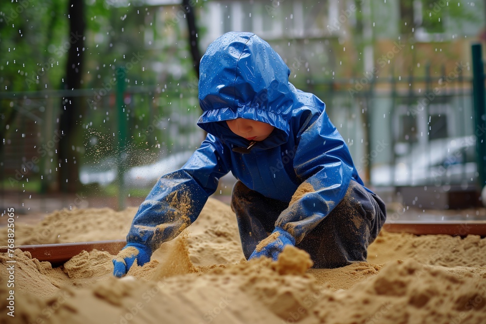 boy in waterproof clothing digging in a sandbox during a drizzle boy in waterproof clothing digging in a sandbox during a drizzle