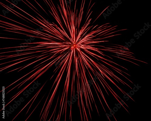 Long exposure of vibrant red fireworks display, illuminating the dark sky