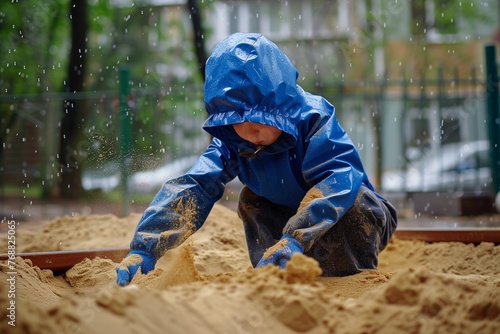boy in waterproof clothing digging in a sandbox during a drizzle