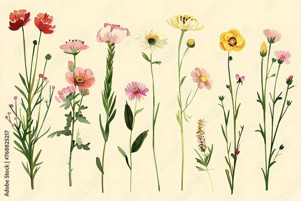 Floral collection, different watercolor flowers on a light yellow background