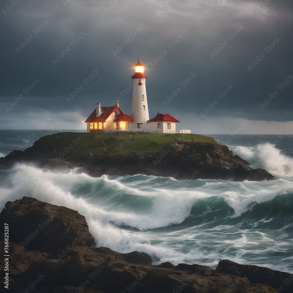 lighthouse on the shore of the sea - obrazy, fototapety, plakaty 