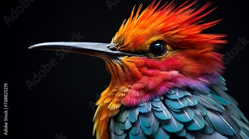 a red head and orange feathers. The bird is standing in front of a black background. A detailed close-up portrait of a hummingbird displaying its vibrant palette