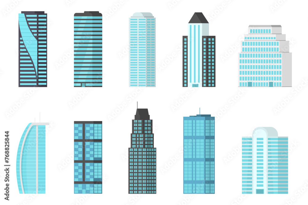 Big set of skyscrapers isolated on white background in flat style. Large collection of skyscrapers. Vector illustration.