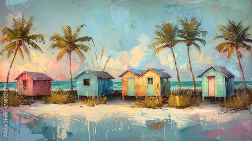 Transport the viewer to a tranquil seaside retreat with pastel-colored beach huts nestled among swaying palm trees.