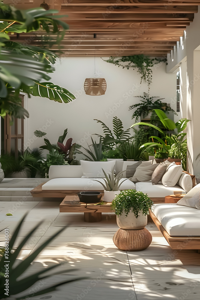 Fototapeta premium A cozy patio featuring a couch, table, and potted plants, creating a perfect outdoor living room with a touch of nature and interior design