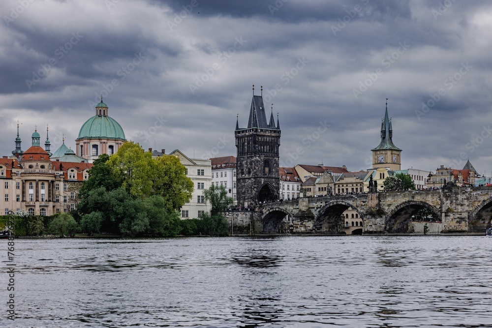 Scenic view of the cityscape of Prague, Czechia on a cloudy day