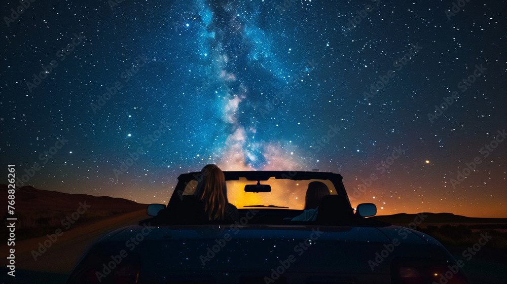 Couple in a convertible under the stars, fantastic space, romance against the backdrop of the universe - obrazy, fototapety, plakaty 