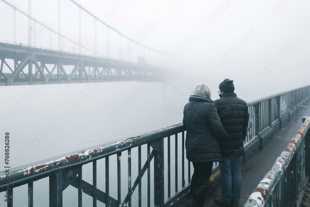 senior couple admiring the view from a foggy bridge viewpoint senior couple admiring the view from a foggy bridge viewpoint