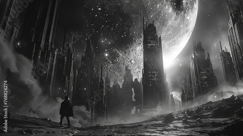 Black and white ruined alien city on a foreign world #768826274