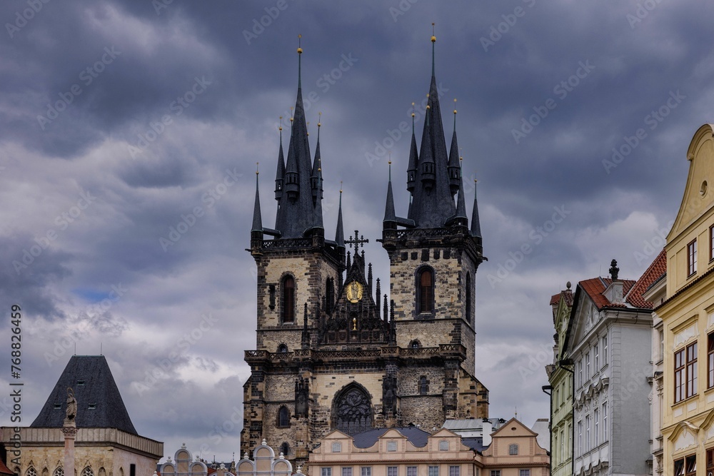 Church of Our Lady before Tyn in Prague, Czech Republic on a cloudy day