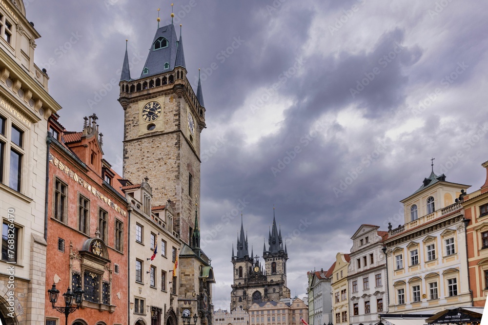 Scenic view of the clock tower in Prague, Czechia on a cloudy day
