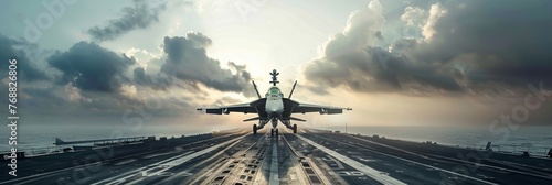 Fighter jet on the runway of an aircraft carrier in the open ocean, banner
