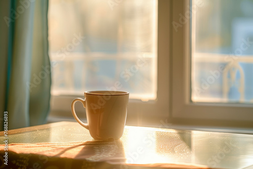 Serene Morning Bliss: A Coffee Cup Basking in the Morning Sun on a Table by the Window, Evoking a Tranquil Atmosphere