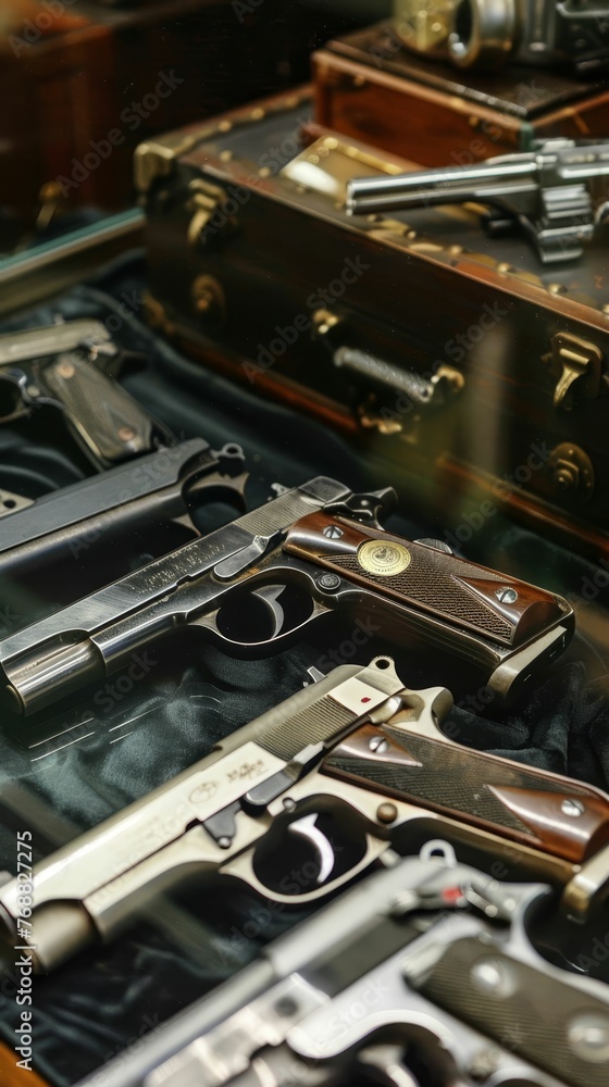 Fototapeta premium Classic spy gadgets showcase, hidden lasers, microfilm, secret agents