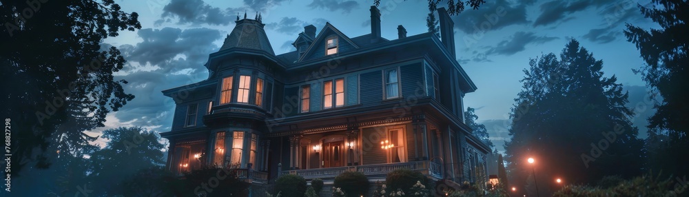 Classic Victorian mansion on Pluto, mystery dinner party with aliens and humans