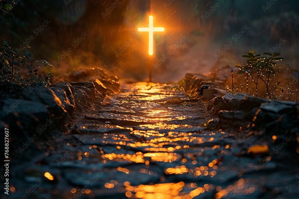 Experience the brilliance of a radiant and shining cross gleaming brightly against the backdrop, with a pathway bathed in its luminosity guiding towards its sacred presence Experience the brilliance of a radiant and shining cross gleaming brightly against the backdrop, with a pathway bathed in its luminosity guiding towards its sacred presence