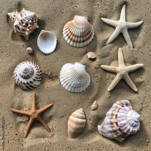 seashell collection on sand, beach treasures message space