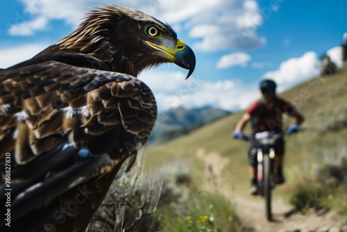 foreground of a majestic eagle overtaking a mountain biker on a trail