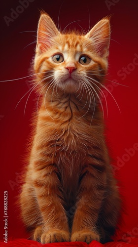 Small Kitten Sitting on Top of Red Blanket