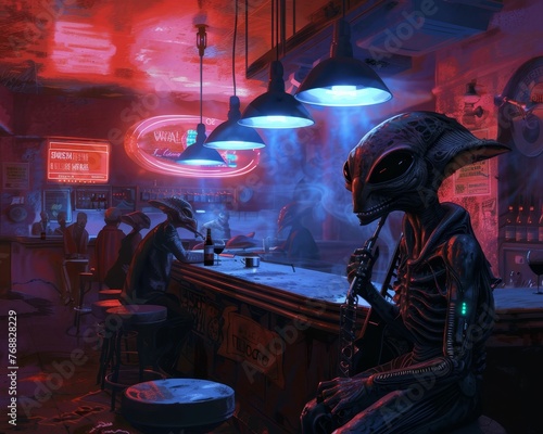 Retro alien jazz club, smooth tunes, smoky atmosphere, patrons of all species © Jiraphiphat