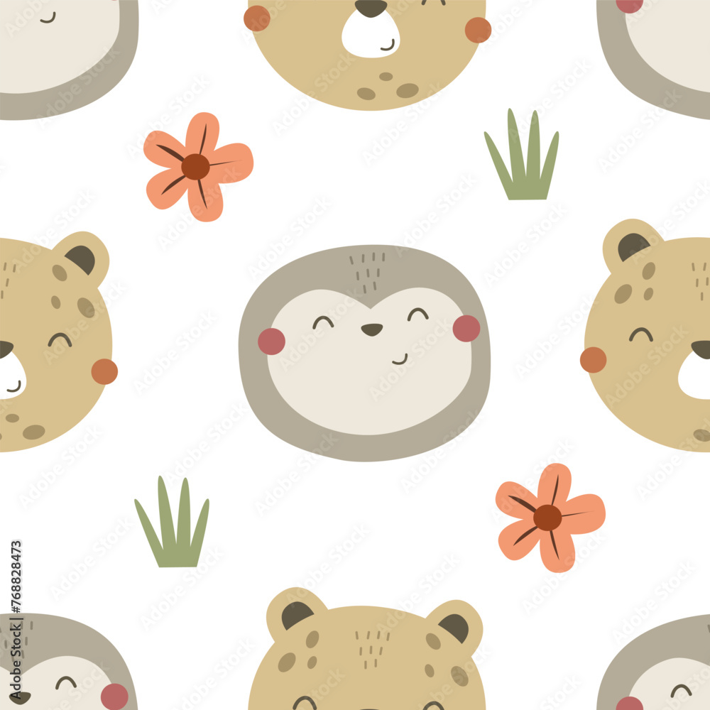 Fototapeta premium Seamless pattern with sloths, leopards, decor elements. colorful vector for kids. hand drawing, flat style. baby design for fabric, print, textile, wrapper
