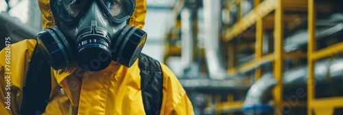 A worker in a yellow protective suit and gas mask checks for a chemical leak at a chemical factory photo