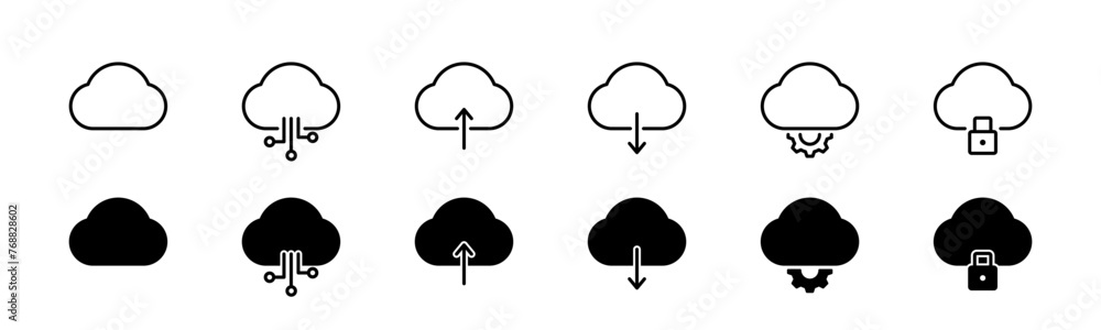 Web cloud icon set. Line and glyph web network cloud - obrazy, fototapety, plakaty 